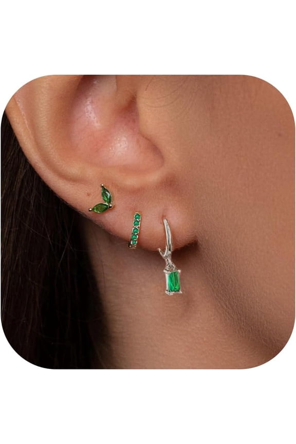 3Pairs Earrings Set for Women Silver Moon Star CZ Butterfly Green Dainty Stud Hoop Earrings for Three Holes Earrings Stack