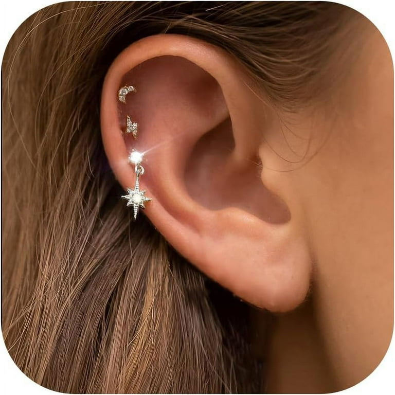 Sterling Silver Gold-tone CZ Moon Star and Round Set of 3 Post Earrings Set Sterling Silver Gold-tone CZ Moon Star and Round Set of 3 Post Earrings Set