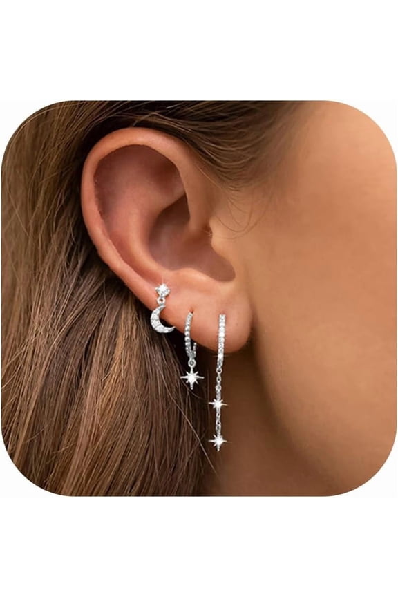 3Pairs Earrings Set for Women Silver Moon Star CZ Butterfly Green Dainty Stud Hoop Earrings for Three Holes Earrings Stack