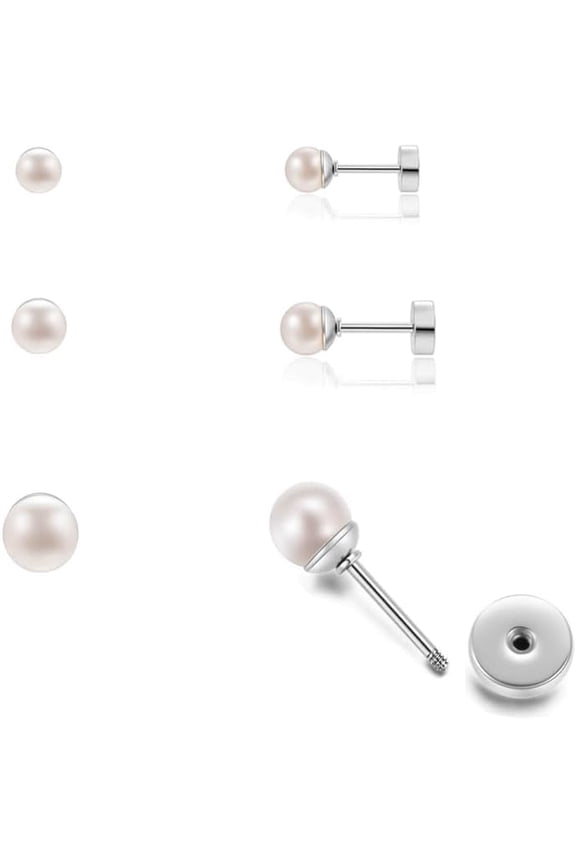 3Pairs Flatback Pearl Stud Earrings Set for Multiple Piercing|Dainty 4mm 5mm 6mm Pearl Earrings for Helix Tragus Cartilage Piercing for Women
