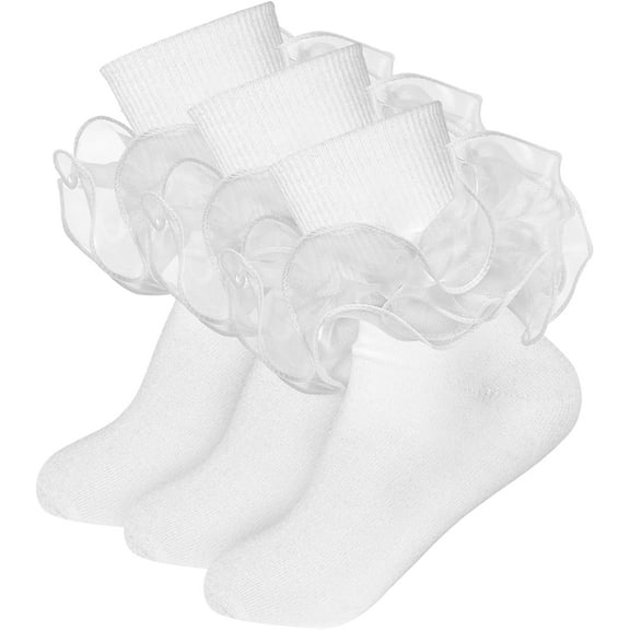 3Pairs Girls Ruffle Socks Toddler Double Lace Sock Turn Cuff Frilly Dress Socks Pageant with Ruffles Little Baby Girl Kids