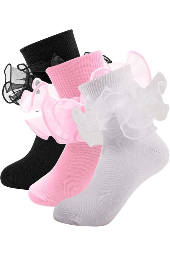3Pairs Girls Ruffle Socks Toddler Double Lace Sock Turn Cuff Frilly Dress Socks Pageant with Ruffles Little Baby Girl Kids