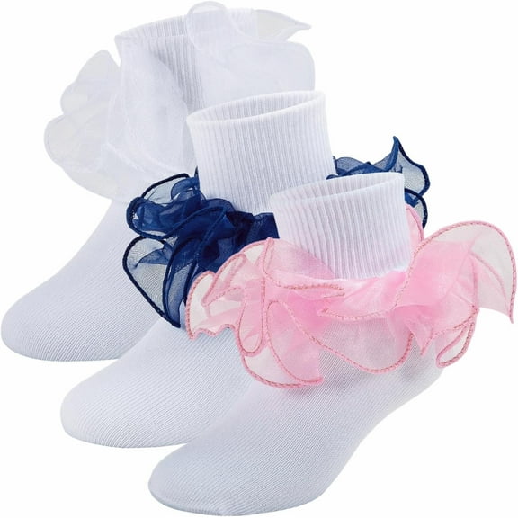 3Pairs Girls Ruffle Socks Toddler Double Lace Sock Turn Cuff Frilly Dress Socks Pageant with Ruffles Little Baby Girl Kids