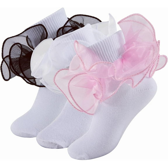 3Pairs Girls Ruffle Socks Toddler Double Lace Sock Turn Cuff Frilly Dress Socks Pageant with Ruffles Little Baby Girl Kids