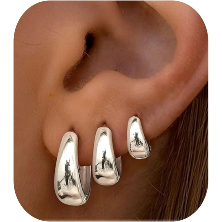 3Pairs Gold Hoop Earrings Set for Women Chunky Gold Silver Earring