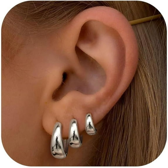 3Pairs Gold Hoop Earrings Set for Women Chunky Gold Silver Earring 14K Gold Filled Hypoallergenic Small Huggie Hoops Lightweight Tiny Thick Trendy Hoop Earrings Stacks for Multiple Piercing