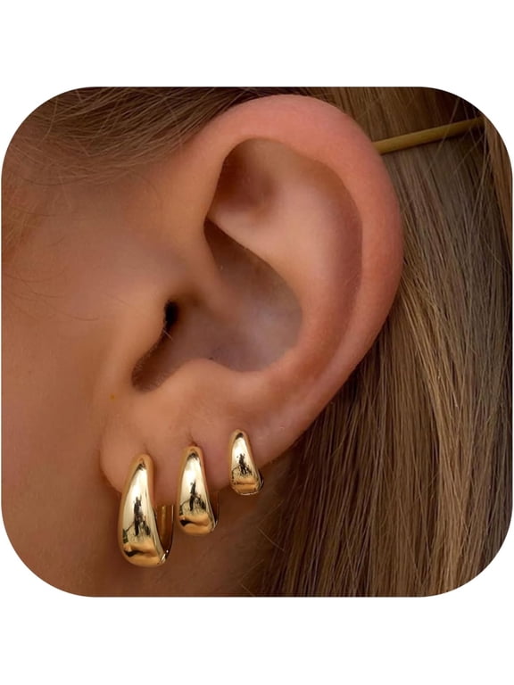 3Pairs Gold Hoop Earrings Set for Women Chunky Gold Silver Earring 14K Gold Filled Hypoallergenic Small Huggie Hoops Lightweight Tiny Thick Trendy Hoop Earrings Stacks for Multiple Piercing