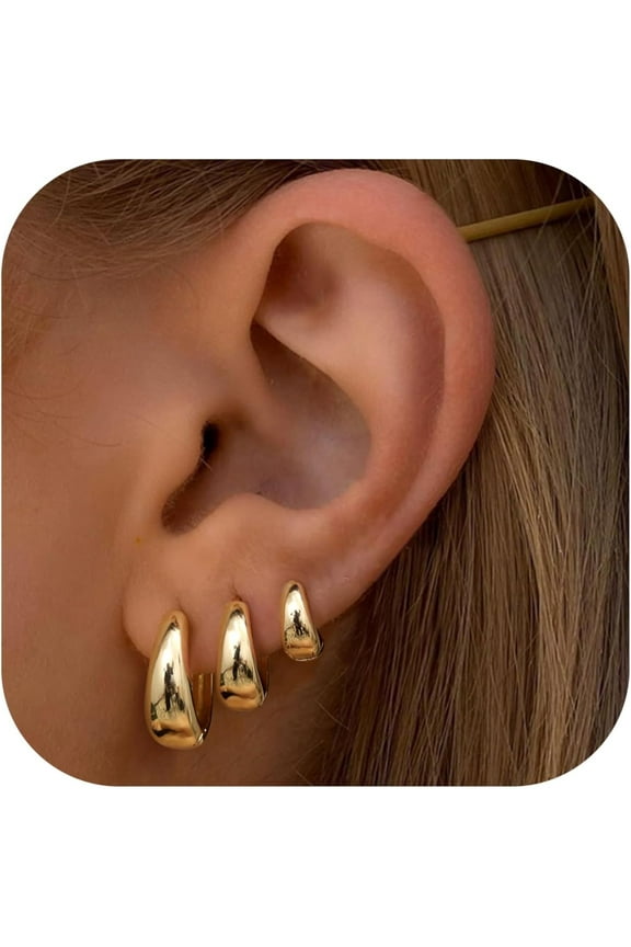 3Pairs Gold Hoop Earrings Set for Women Chunky Gold Silver Earring 14K Gold Filled Hypoallergenic Small Huggie Hoops Lightweight Tiny Thick Trendy Hoop Earrings Stacks for Multiple Piercing