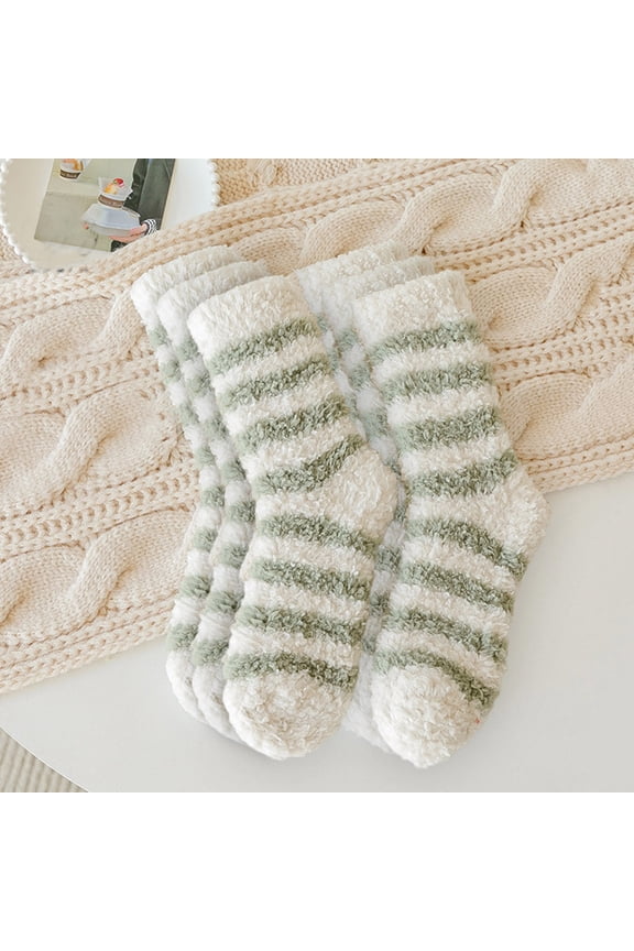 3Pairs Horizontal Stripe Fuzzy Mid Calf Socks, Anti Shed Skin Friendly Coral Velvet Fabric, Heat Lock Hosiery for Cold Weather Sofa Rest Night Relax Use Multicolor