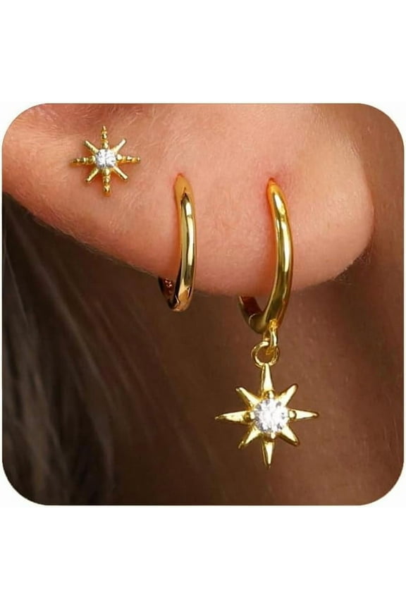 3Pairs Hypoallergenic Earrings Set For Multiple Piercing Dainty 14K Gold Plated Stud Huggie Small Hoop Earrings For Women Trendy Cute Earring Stacks For Sensitive Ears[Z3482]