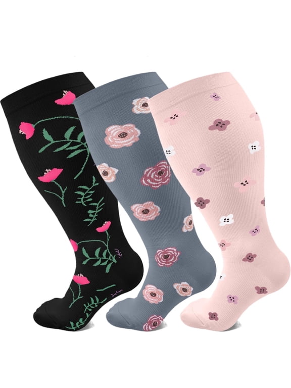 3Pairs Plus Size Compression Socks for Women Men Wide Calf 15-20 mmHg Extra Large for Circulation Support Recovery,3XL