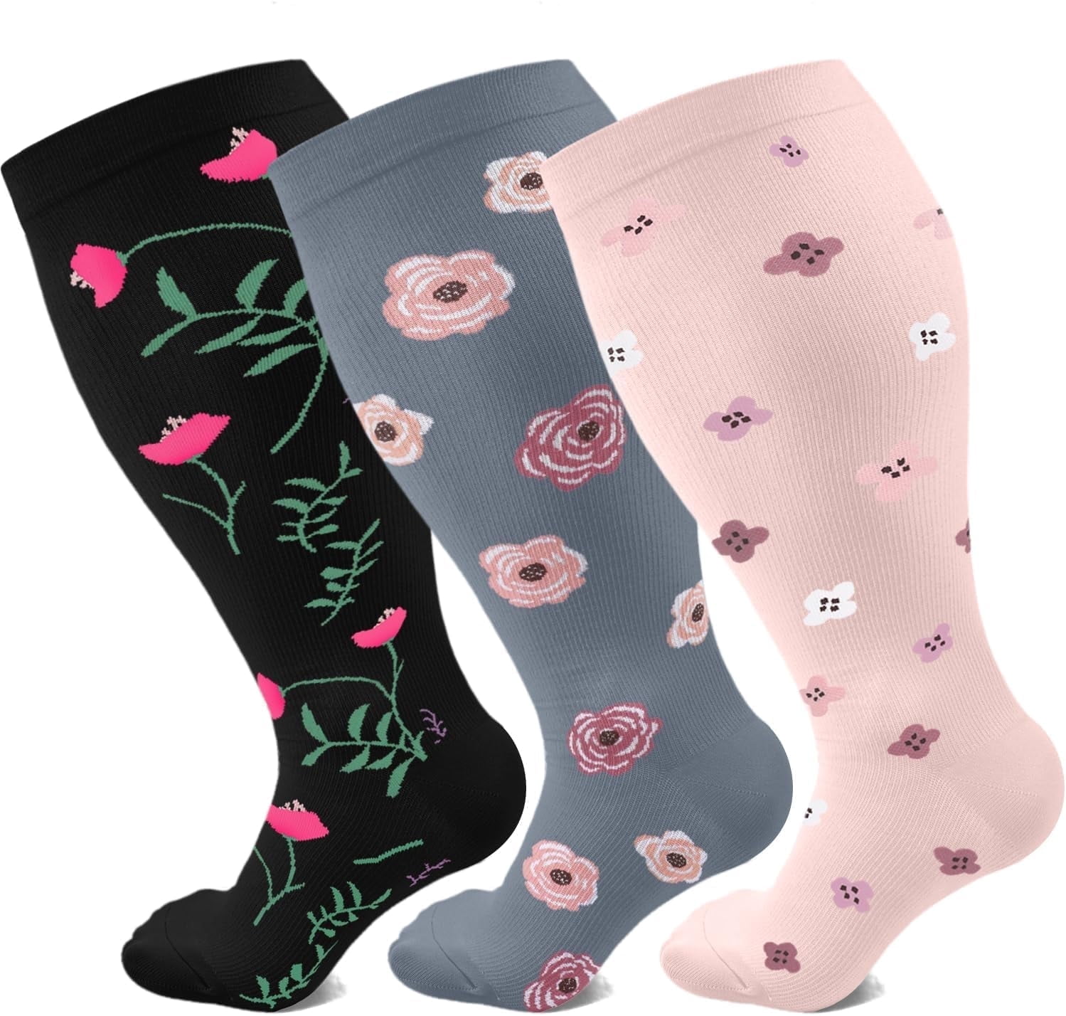 3Pairs Plus Size Compression Socks for Women Men Wide Calf 15-20 mmHg ...