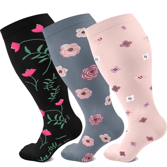 3Pairs Plus Size Compression Socks for Women Men Wide Calf 15-20 mmHg Extra Large for Circulation Support Recovery,XXL
