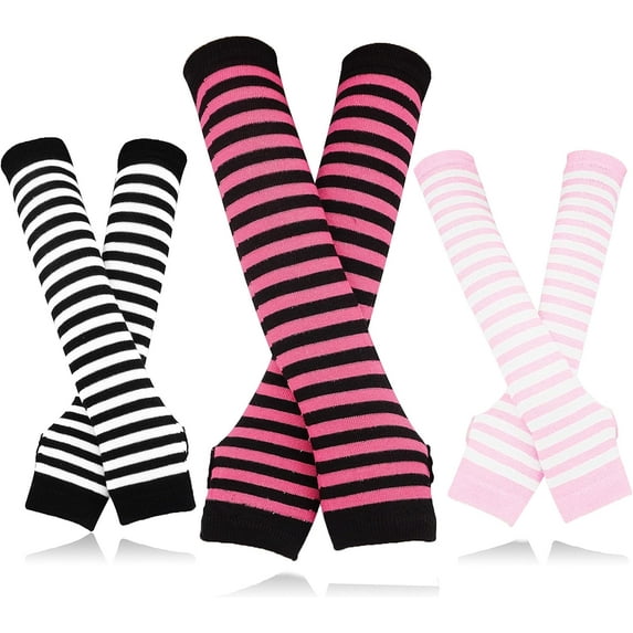 3Pairs Striped Arm Warmers Fingerless Gloves for Women