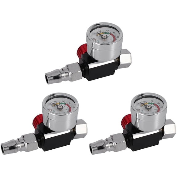 3Pc 1/4 Inch Mini Air Regulator Valve Tool Small Tail Pressure Gauge 48 x 60mm with Nozzle for Tool