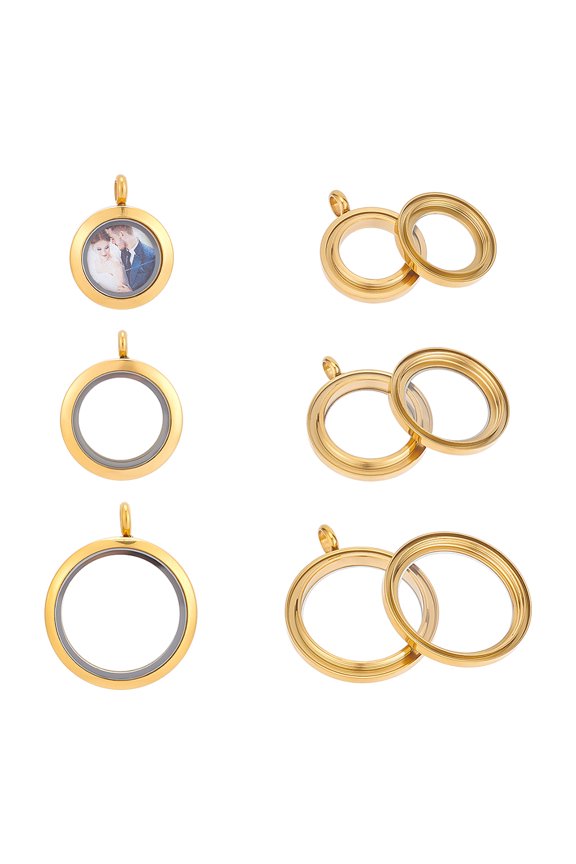 3Pc 3 Style Locket Pendants with Glass DIY Accessories for Jewelry Pendant Making Flat Round Charm Golden 25.5~36x19.5~29.5x4~6mm Hole 4~5mm