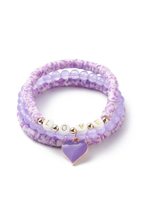 3Pc 3 Style Natural Dyed Malaysia Jade & Acrylic Word Love Beaded Stretch Bracelets Set with Alloy Enamel Heart Charms Inner Diameter 2-1/8~2-1/4 inch