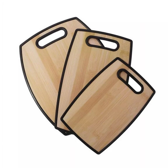 3Pc Bamboo-Designed Cutting Board Set, 8"x12", 9"x14", 12"x15", Plastic with Handle, Dishwasher Safe, Portable, and Stylish