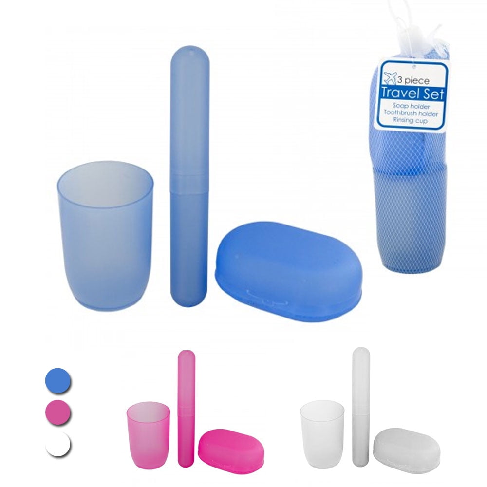 3Pc Bathroom Containers Travel Set Cup Soap Dish Toothbrush Organizer