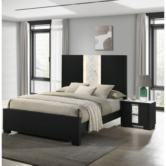 3Pc Beautiful Bedroom Suite Black/White Finish King Size Sleek Bed 2x Nightstand Furniture Set