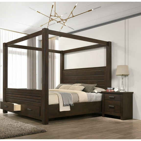 3Pc Brown Queen Canopy Storage Bed 2x Nightstand Set Bedroom Furniture