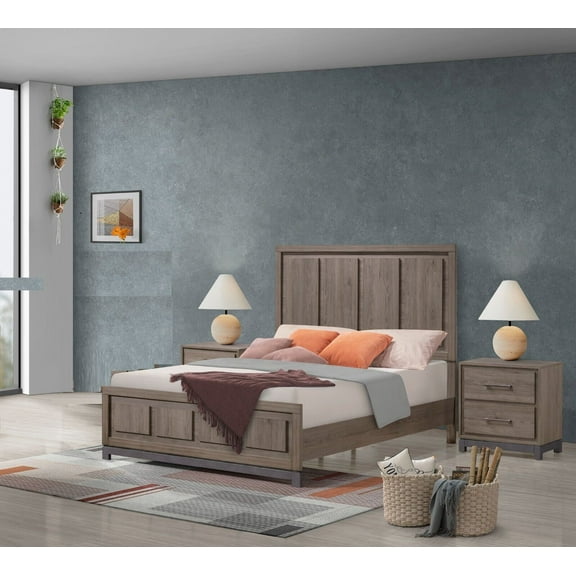 3Pc Contemporary Bedroom Set Brown Wood Finish Queen Size Bed 2x Nightstand Furniture