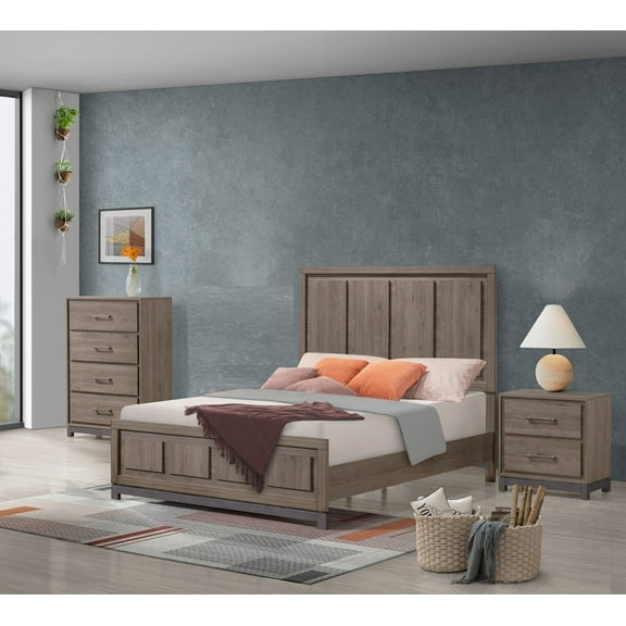 3Pc Contemporary Bedroom Set Brown Wood Finish Queen Size Bed Nightstand Chest Furniture