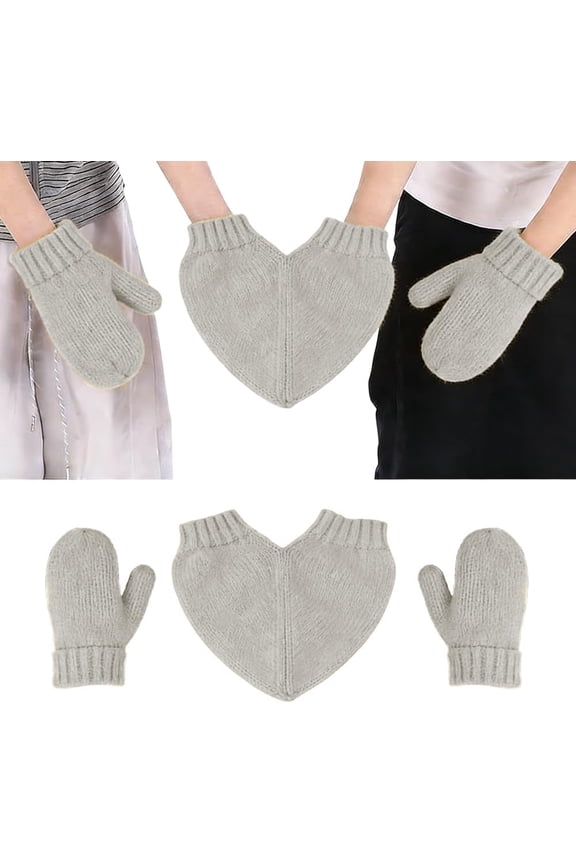 3Pc Couples Mittens for Holding Hands, Warm Knit Polyester Gloves, Unisex Winter Gift