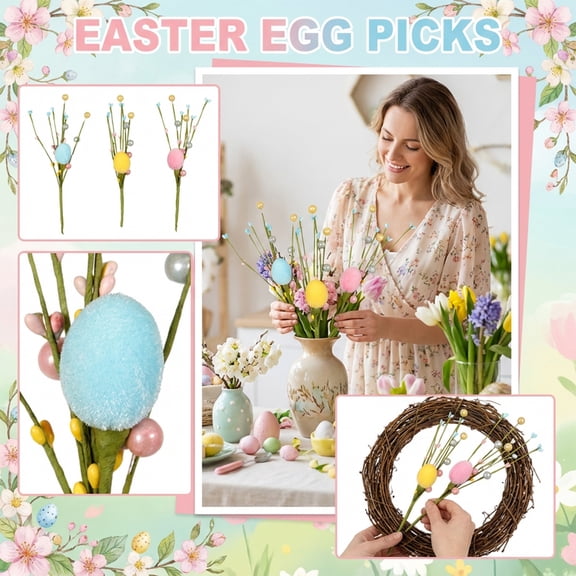 3Pc Easter P Fabric Eggs Decorative Ornaments - With Decorative Branches, P Fabric Construction, For Easter Holiday Party Tabletop Display, Centerpieces, Easter Decoration