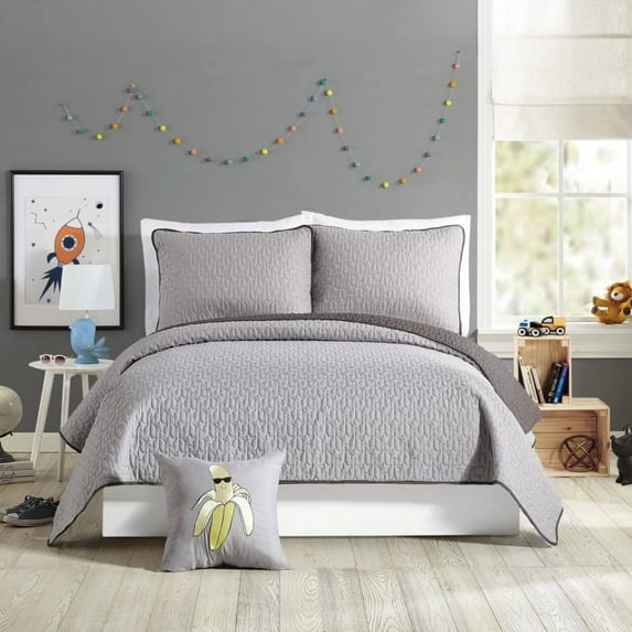 3Pc Full/Queen Coty Kids' Quilt Set Gray: Star Pattern, Machine Washable, Includes 2 Shams