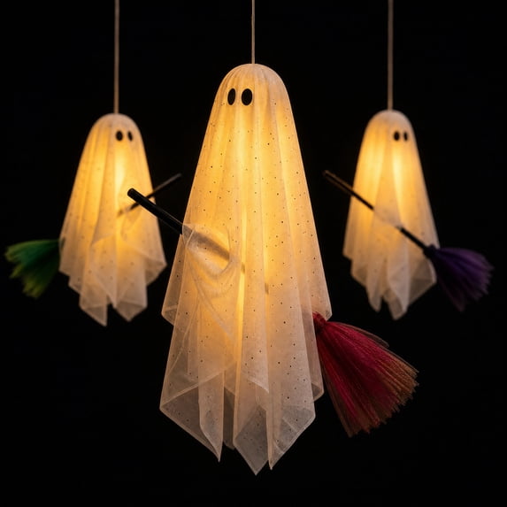 3Pc Hanging Gauze Flying Ghost On Broom Ornament, Built-In Warm LED Floating Decor, Tree Pendant for Backyard, Halloween Outdoor Party Layout