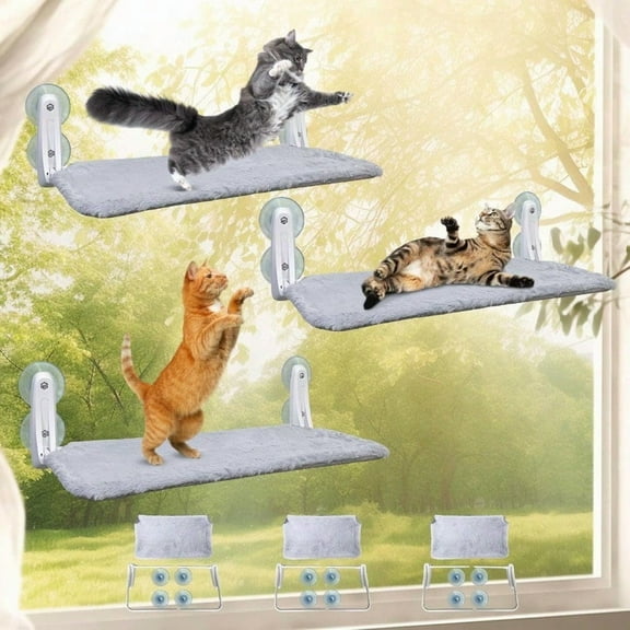 3Pc Heavy Duty Cat Window Perch 50lb Load Foldable Hammock with Strong Suction Cups Window Bed for Large Multiple Cats L 3Pc