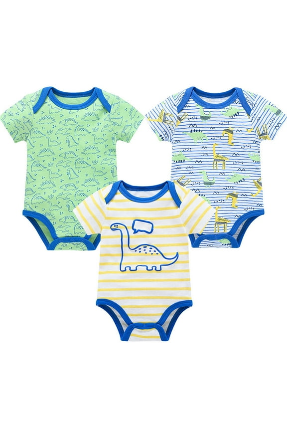 3Pc Boys Girls Short Sleeve Cartoon Print Romper Cotton Blend Bodysuits Soft And Comfy,Size 3-6 Months
