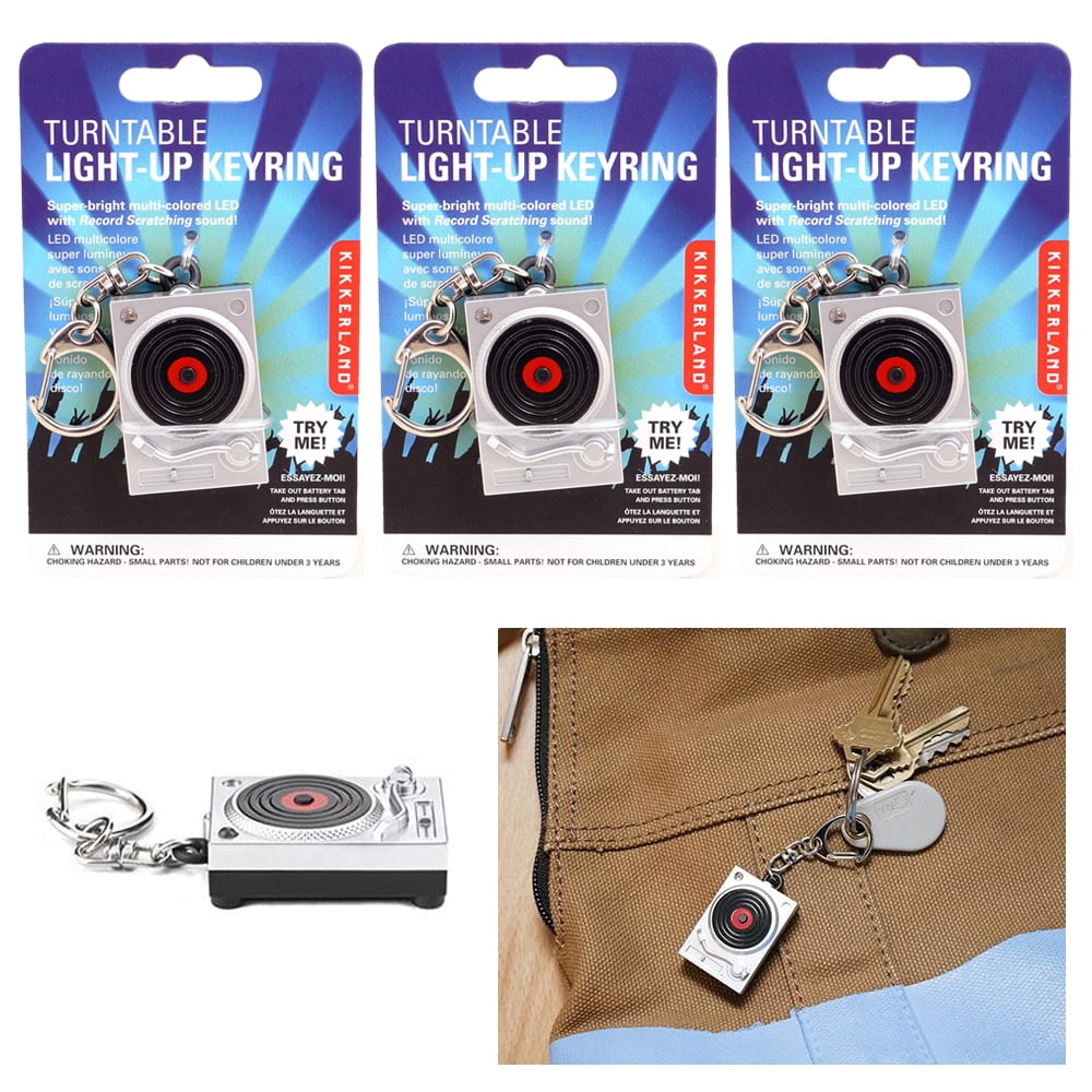 3Pc Kikkerland DJ Turntable Light Up LED Keyring Scratch Sound Key
