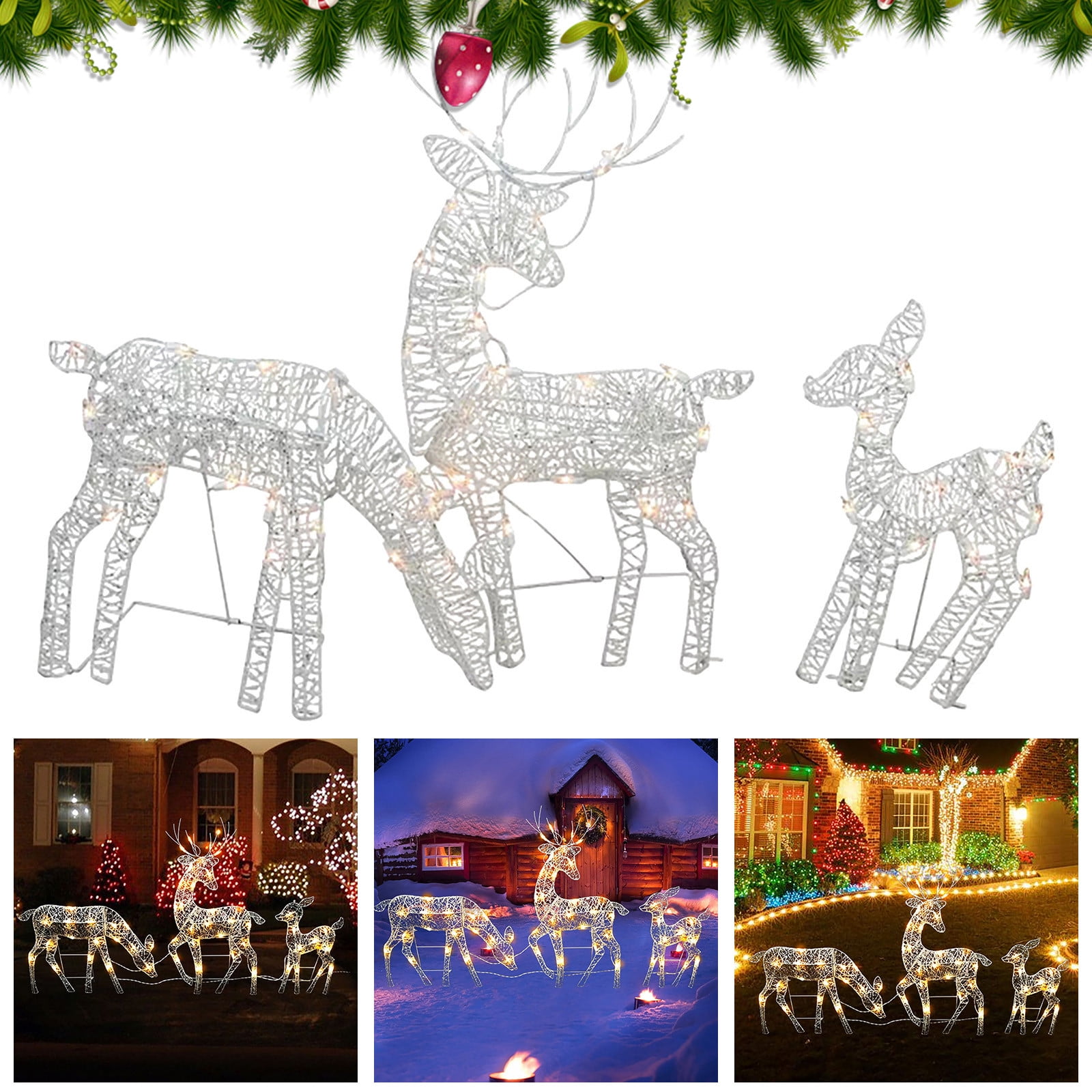 3Pc Lighted Deer Family Outdoor Christmas, Winter Decoration For Front