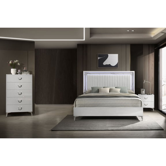 3Pc Modern White King Upholstered Headboard LED Light Bed Chest Nightstand Set