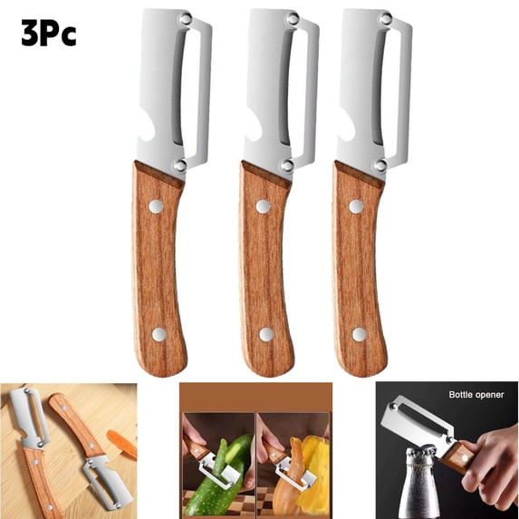 3Pc Multi-Functional Vegetable Peeler For Kitchen,Orange/Potato Peeler,Potato Masher,Stainless Steel Blade With Wooden Handle And Bottle Opener,For Vegetables Or Fruits That Need To Be Peeled