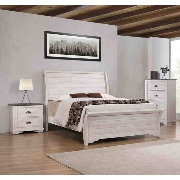 3Pc Rustic Chalk Finish King Size Bed Chest Nightstand Set Solid Wood Bedroom Furniture