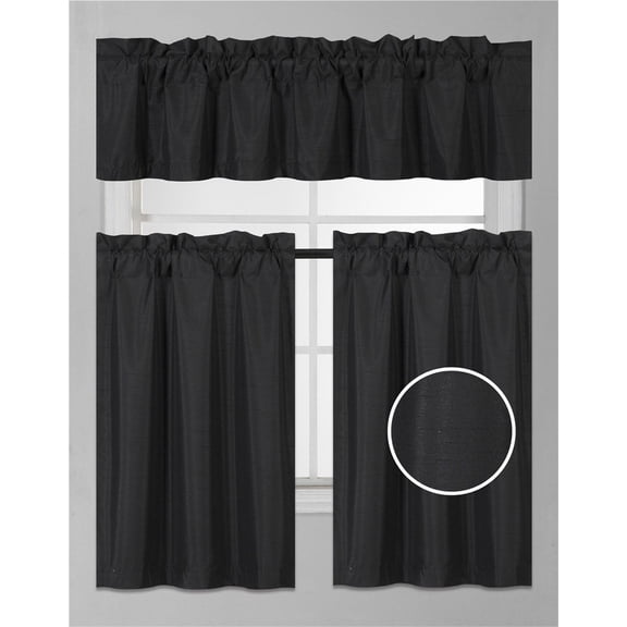 3Pc Set Solid Faux Silk Lined Blackout Rod Pocket Small Kitchen Window Curtain with Valance (K3) (Black)