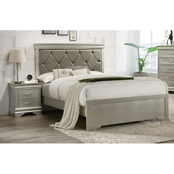 3Pc Silver Finish King Size Panel Upholstered Button Tufted Headboard Bed Nightstand Set Wooden Bedroom Furniture