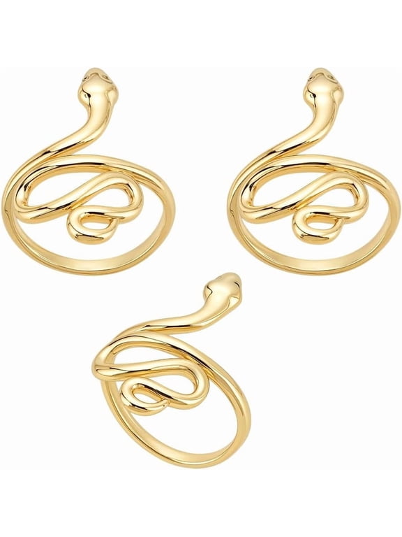 3Pc Snake Ring Gold Brass Adjustable Statement 16.7mm Diameter Snake Wrap Ring Retro Gothic Vintage Animal Stacking