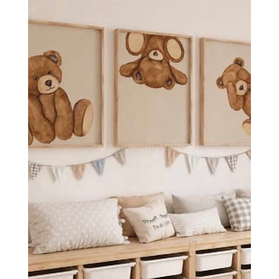 3Pc Teddy Bear, Retro Beige Bear Nursery Prints, Cute Cartoon Bedroom Living Room Decor Gift Kids Playroom Decor Art, Stretched Canvas