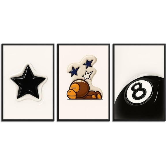 3Pc Trendy 8 Ball Canvas Wall Art Star Poster Urban Street Modern Wall Decor Print For Home Living Room Bedroom Set of 3