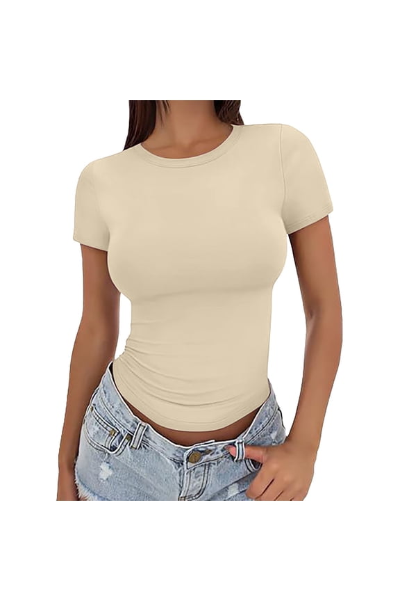 3Pc Tshirts Shirts for Women Crewneck Cute Clothes Boho Fitness Clothing Breathable Cozy Womens Short Sleeve Tops Beige