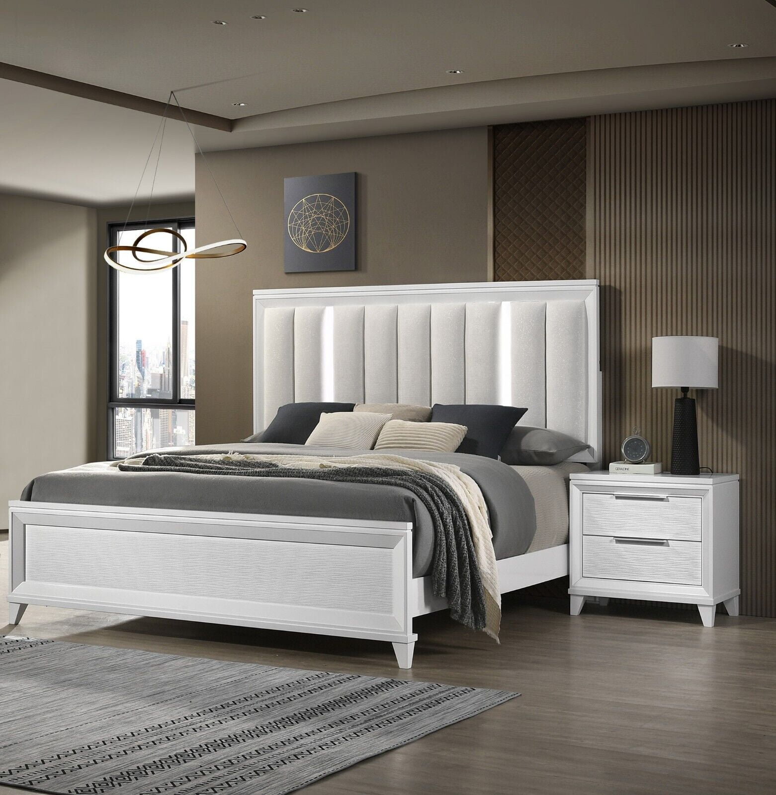 3Pc White Finish King Size Bedroom Set LED Light HB Bed 2x Nightstand