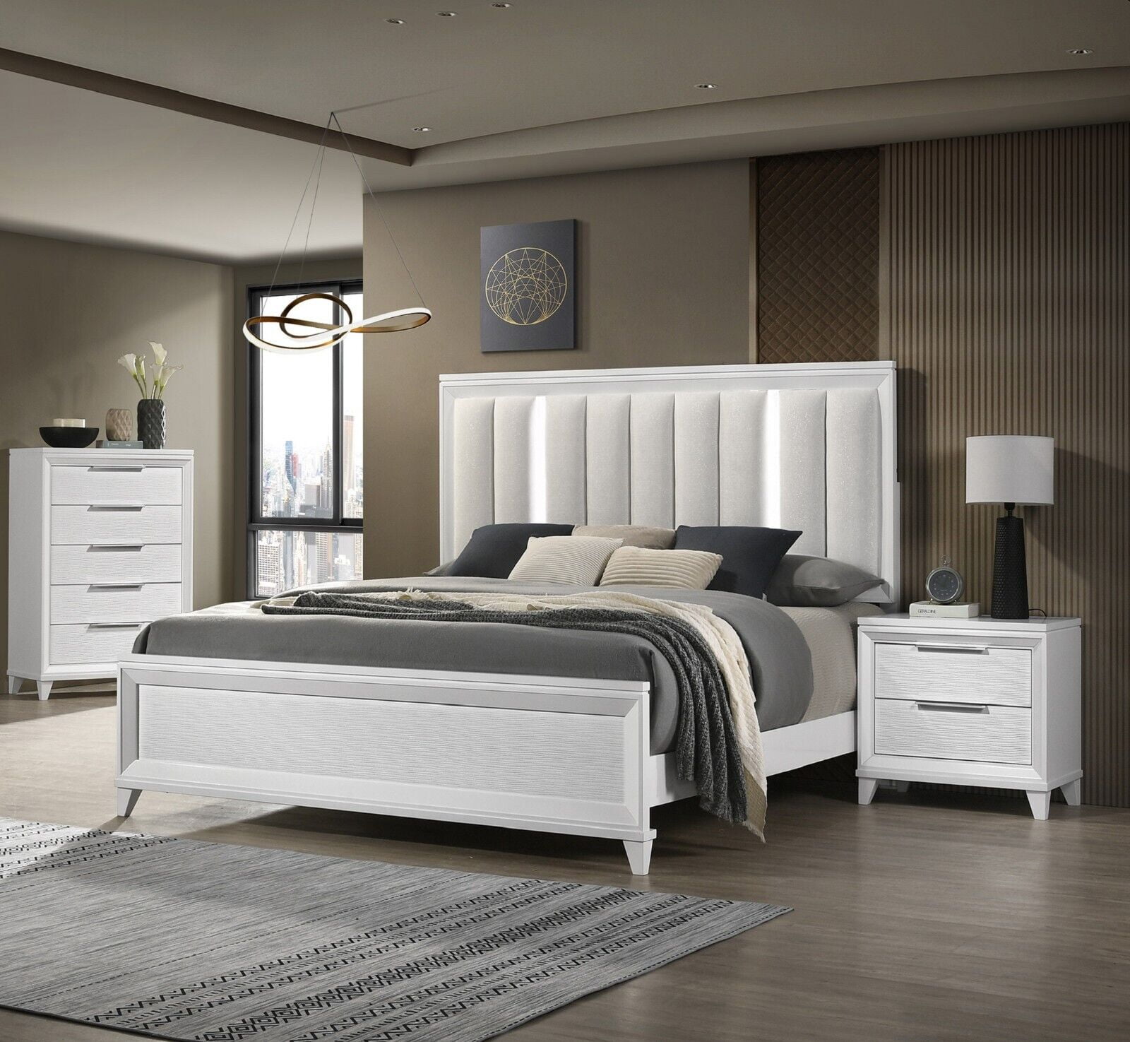3Pc White Finish King Size Bedroom Set LED Light HB Bed Chest ...