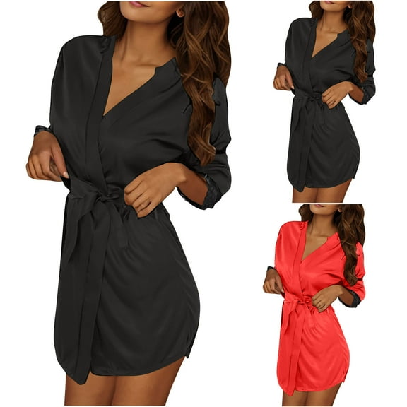 3Pc Women's Silk Sleepwear Robes Casual Solid Color Long Sleeves Lace-Up Nightdress Lightweight Comfortable Bathrobes Red Free Size