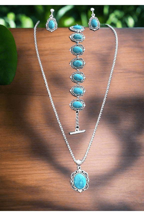 3Pc clip on or pierced turquoise stone necklace set