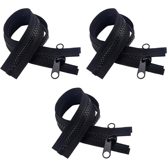 3Pcs #10 Black Resin Zipper 23.6x0.3 inch Two Way Separating Jacket Zipper for Sewing Coat