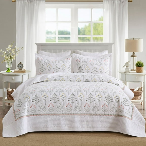 3Pcs 100% Cotton Botanical Elegance Quilted Bedspread Set Embroidery Oversize Bedding Set for All Seasons
